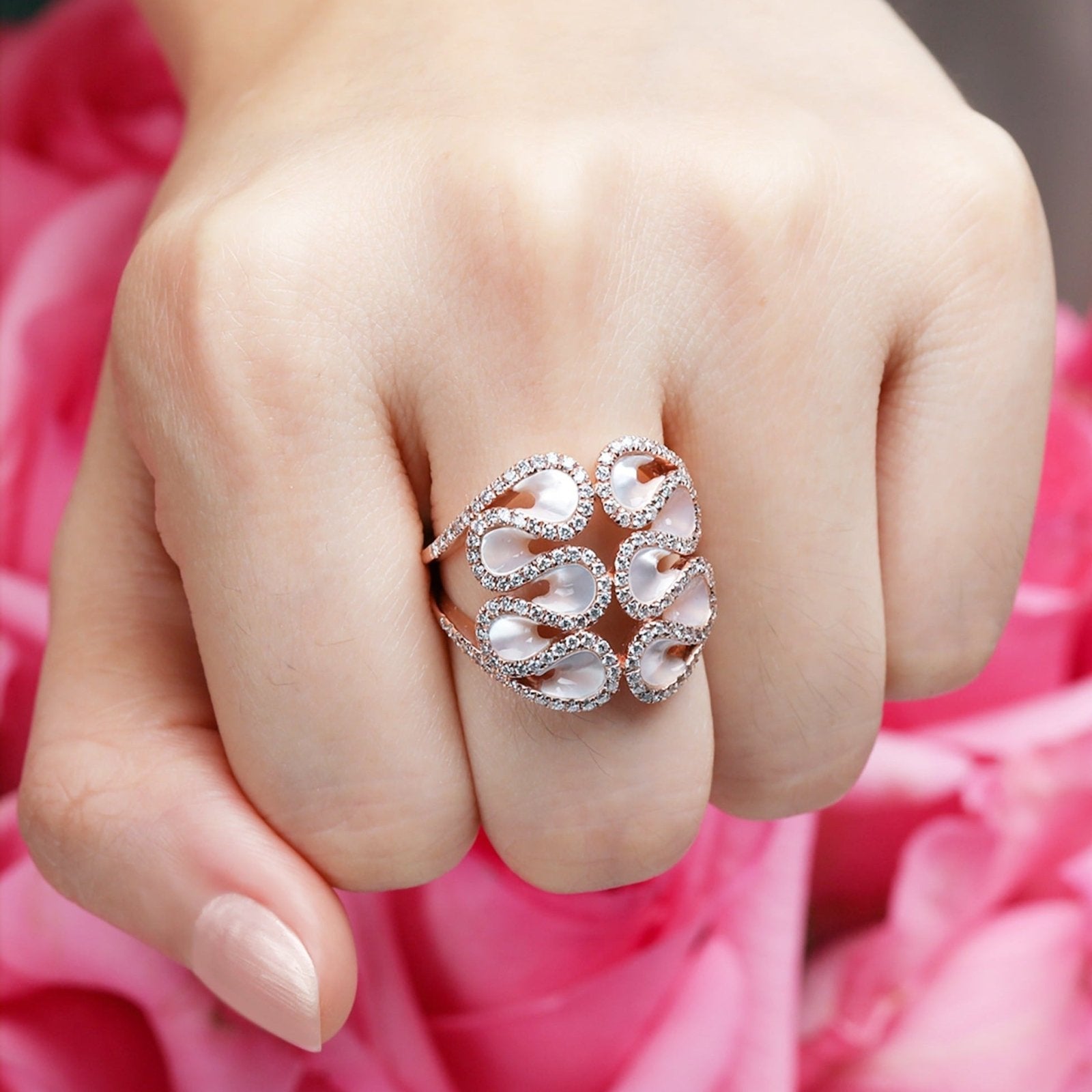 14K Rose Gold Abstract Swirl Mother of Pearl and Diamond Cocktail Ring - Elegant Statement Jewelry for Evening Parties & Special Occasions