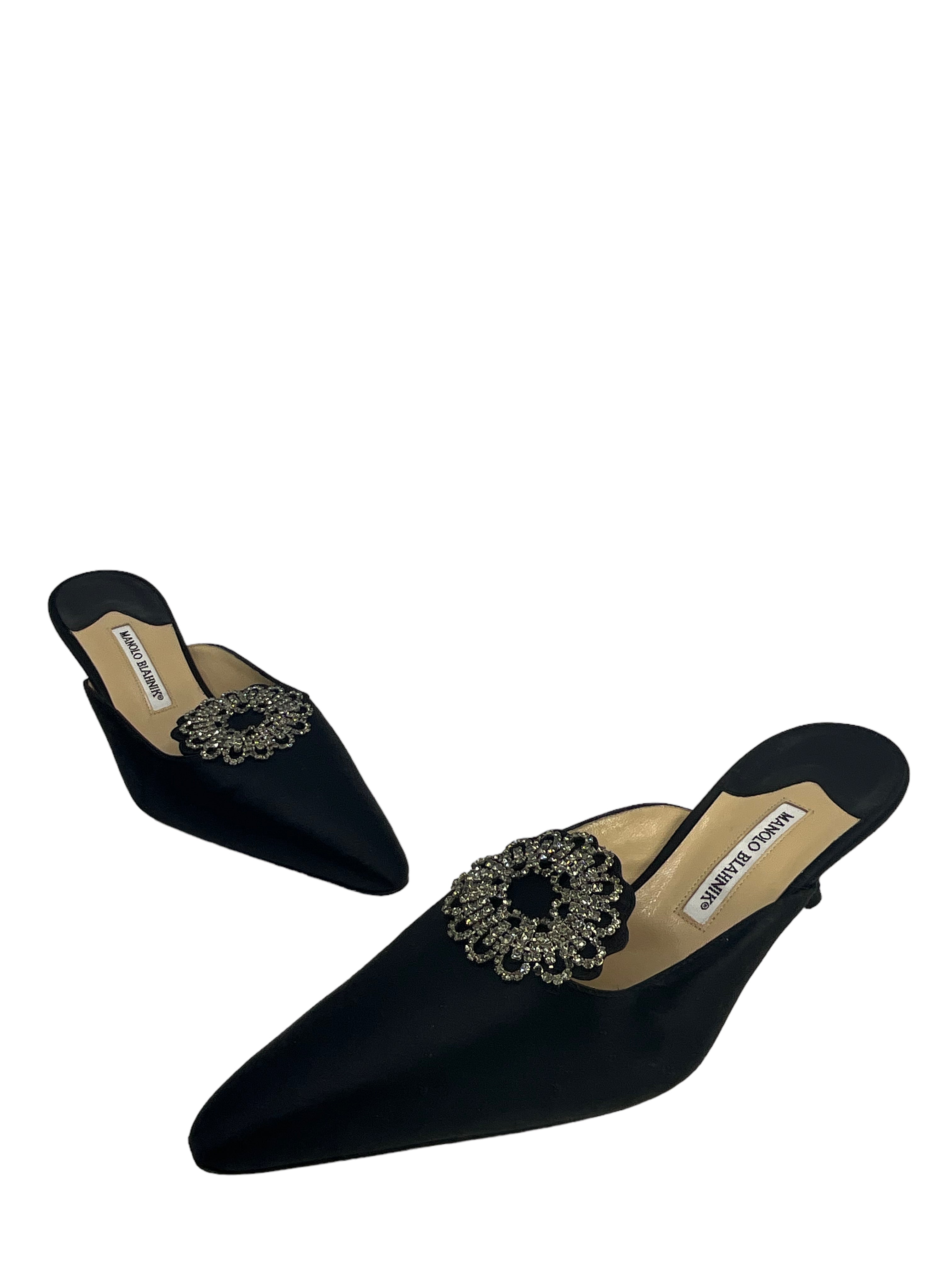 Manolo Blahnik Women's Crystal Embellished Satin Mules Size 11 - Elegant High Heel Slides for Weddings, Parties & Special Occasions