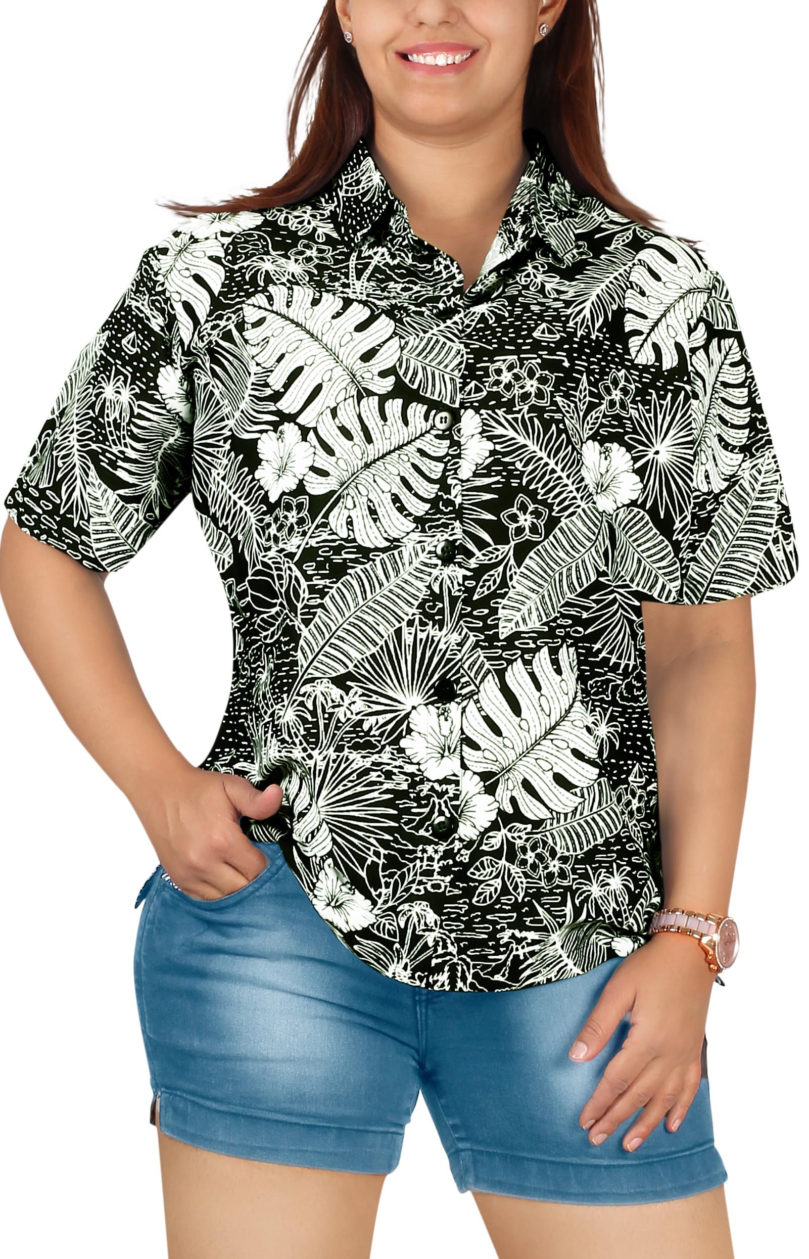 LA LEELA Women's Hawaiian Shirt - Floral Beach Short Sleeve Blouse for Summer Vacation, Pool Party & Tropical Getaway