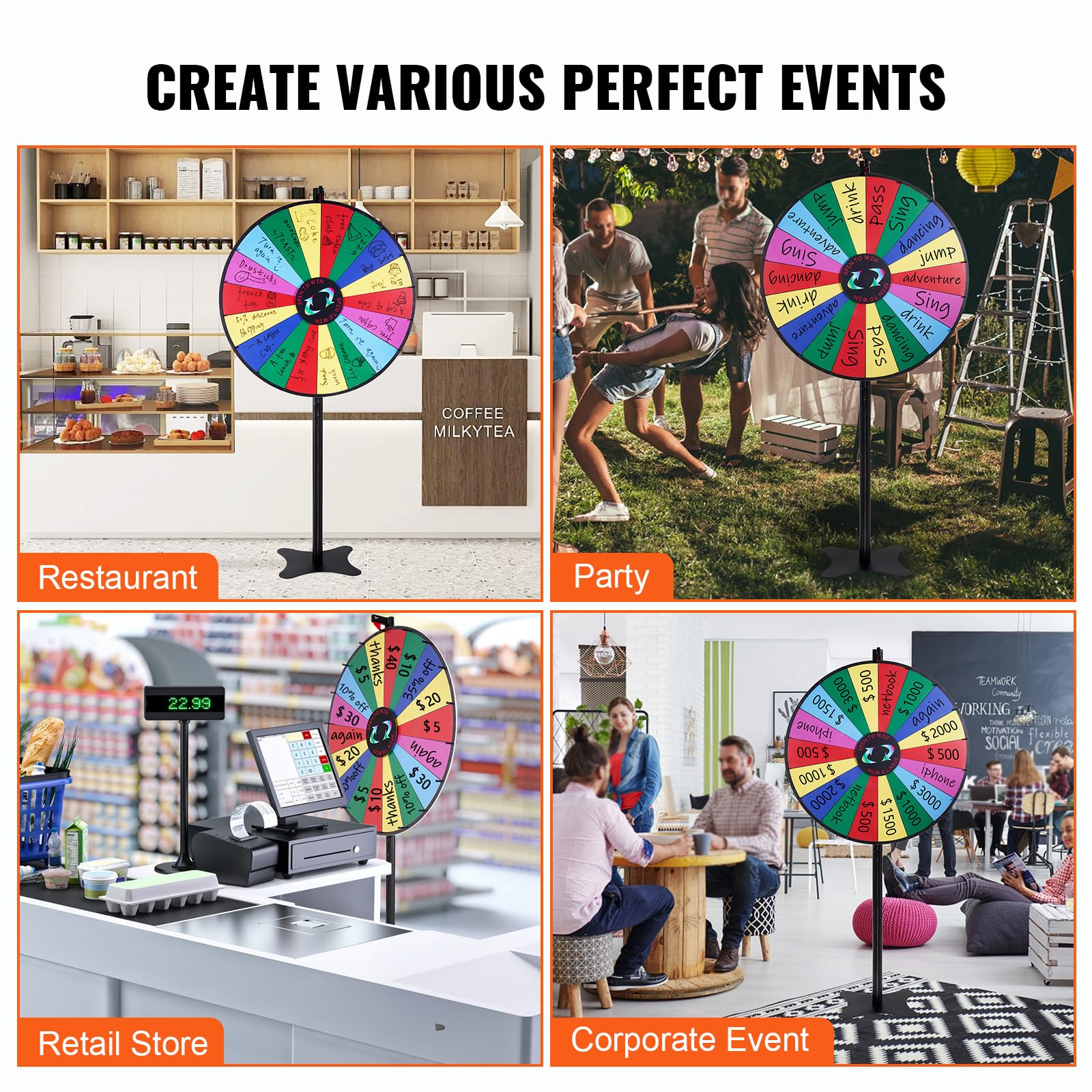 VEVOR 36 Inch Spinning Prize Wheel with 18 Slots - Dry Erase Roulette Wheel for Parties, Carnivals & Trade Shows - Includes 2 Markers - Tabletop or Floor Standing Fortune Spin Game for Events, Pubs & Casino Nights