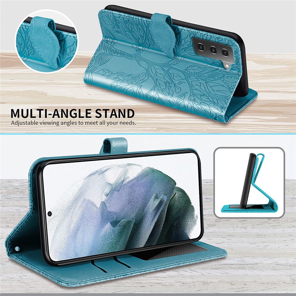 Premium PU Leather Samsung Galaxy S22 Case with Kickstand & Card Slots - Embossed Tree Design, Wrist Strap, 6.1 Inch Protective Wallet Cover for Samsung S22 (Royal Blue) | Perfect for Work, Travel & Everyday Use