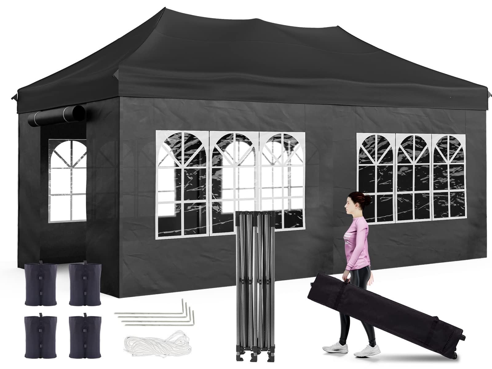 20' x 10' Heavy Duty Pop Up Canopy Tent with Sidewalls - Waterproof Instant Commercial Outdoor Shelter with 4 Sand Bags & Carry Bag - Perfect for Patio, Backyard, Garden, Camping, Picnics, and Outdoor Events - Black