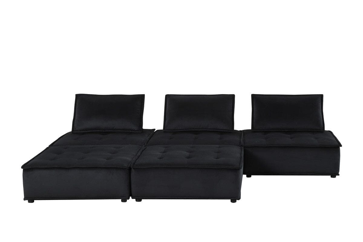 Anna Black Velvet 5-Piece Sectional Sofa with Ottoman - Modern L-Shaped Couch Set for Living Room, Lounge & Home Theater Comfort