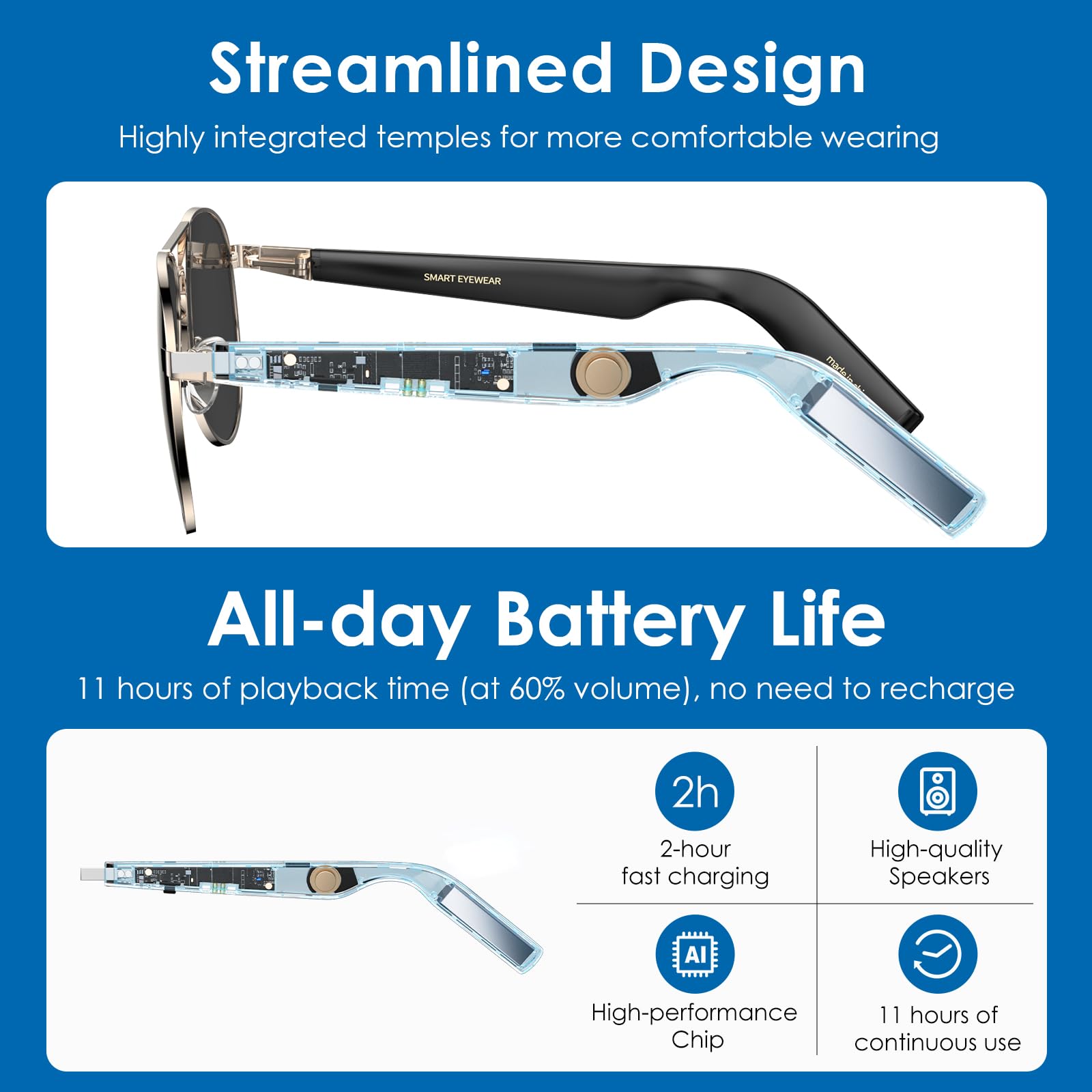 Smart Bluetooth Sunglasses for Men & Women - Wireless Aviator Audio Glasses with Open Ear Speakers, Voice Control, AI Assistant & Real-Time Translation | Perfect for Travel, Driving & Outdoor Activities