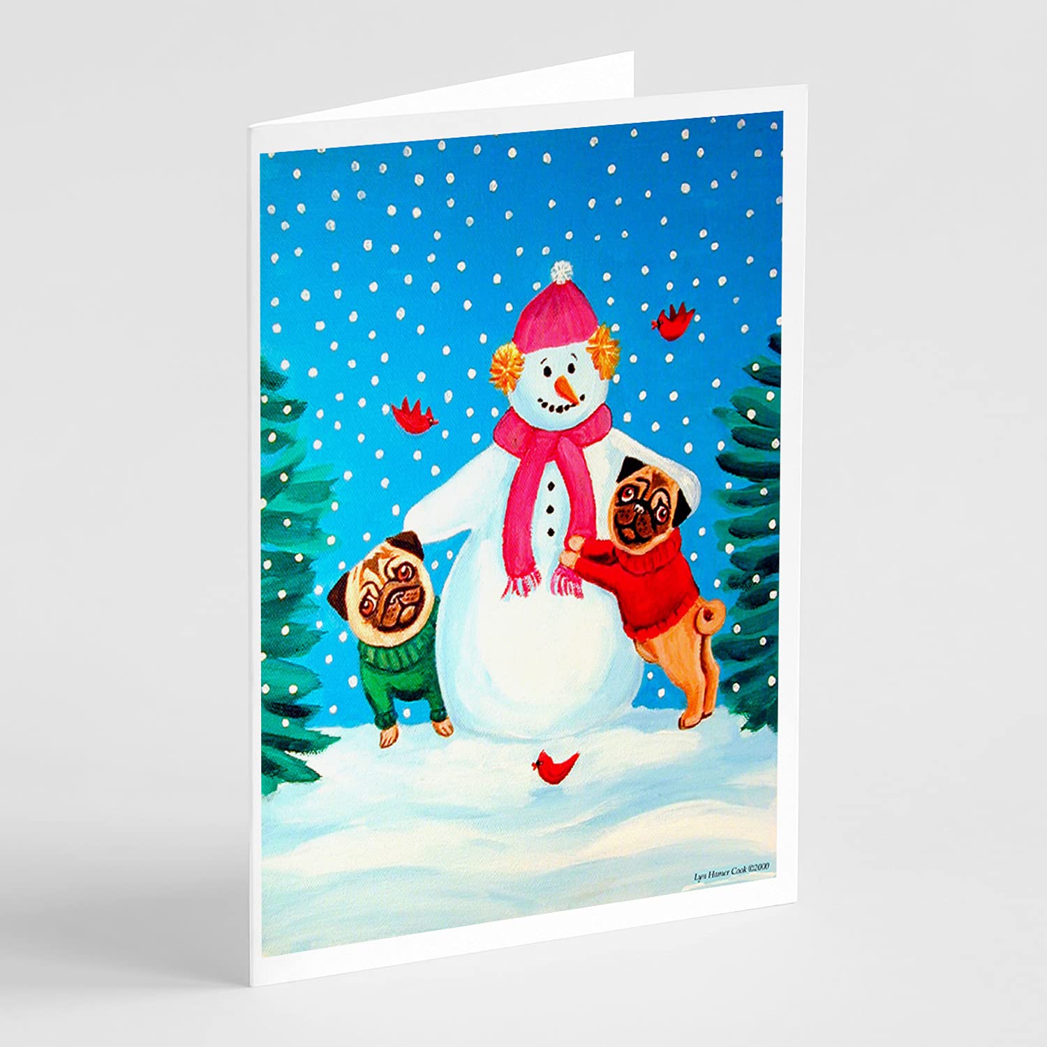 Snowman with Pug Winter Greeting Cards - Pack of 8 Blank A7 Note Cards (5x7) with Envelopes | Whimsical Holiday Stationery for Christmas, Winter Parties & Festive Gift Giving