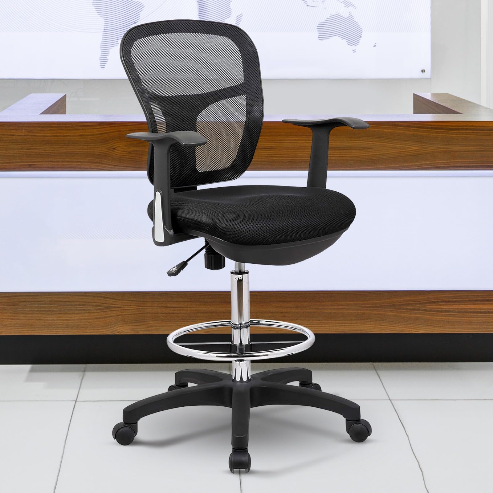 Ergonomic Drafting Chair with Arms & Footrest - Adjustable Height Office Chair for Standing Desks, Anti-Scratch Wheels - Perfect for Architects, Artists & Home Office Workspaces
