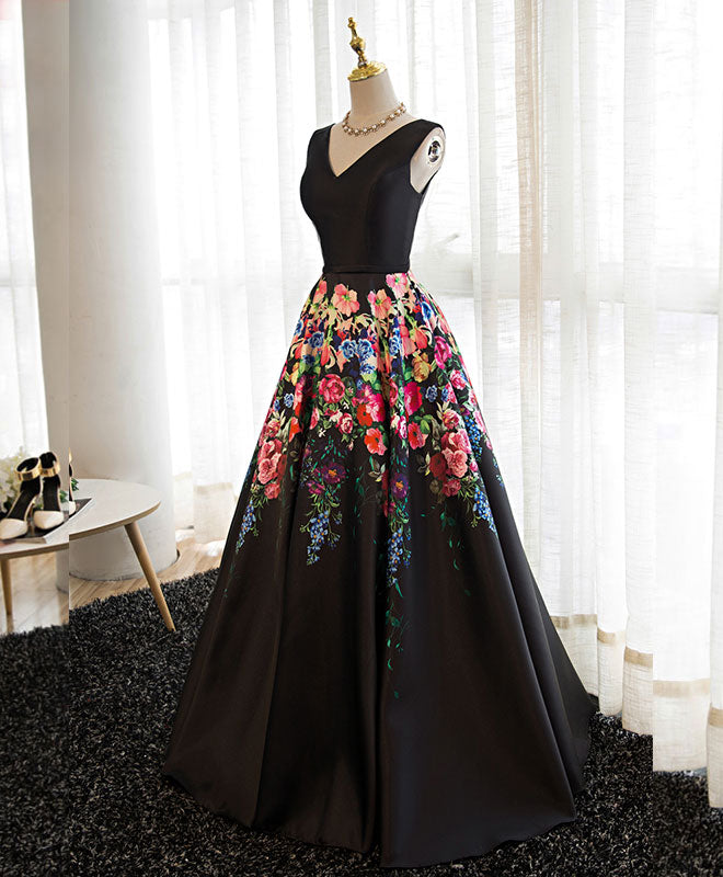 Elegant Black V-Neck Floral Long Prom Dress | Formal Evening Gown for Homecoming, Wedding & Special Occasions