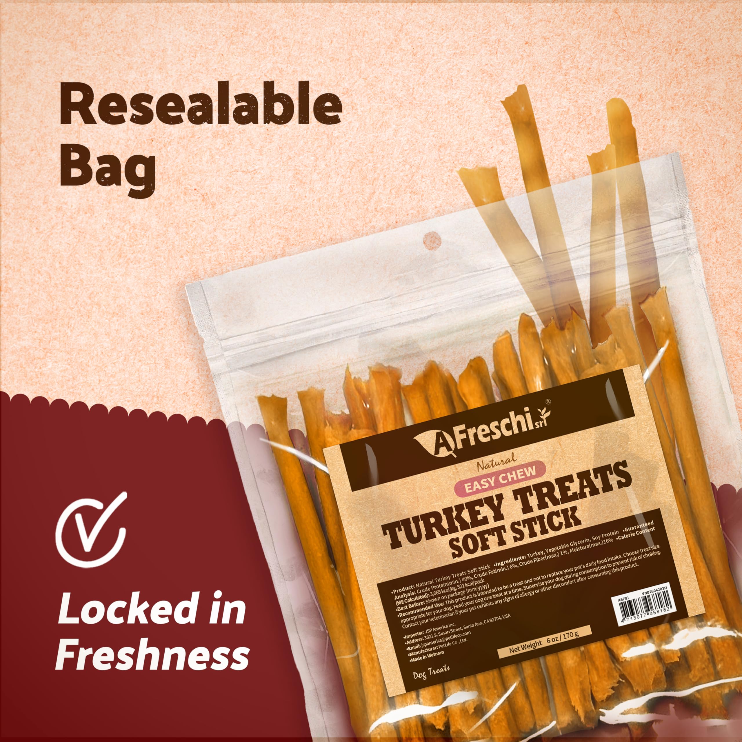 Afreschi Natural Turkey Jerky Dog Treats – 4 oz | USA-Sourced, Hypoallergenic, High-Protein & Low-Fat | Healthy Digestible Puppy Training Snacks for Small & Large Dogs | Perfect for Rewards, Travel & Outdoor Adventures