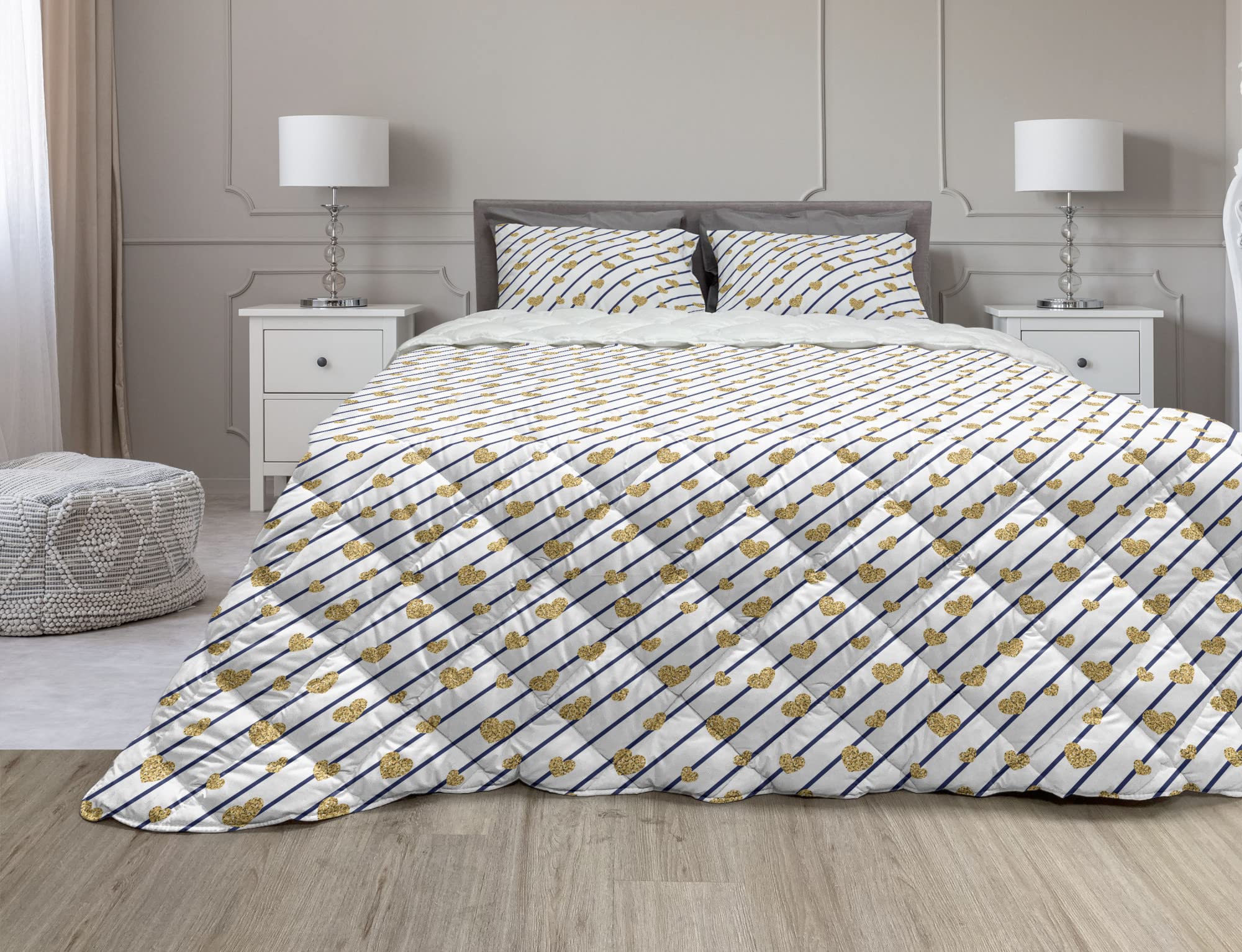 Ambesonne Romantic Comforter Set with Hearts Design - Yellow Golden Geometric Pattern 3-Piece King Size Duvet Cover Set, Microfiber Filling, Pale Coffee & Navy Blue - Perfect for Valentine's Day, Anniversary Gifts & Master Bedroom Decor
