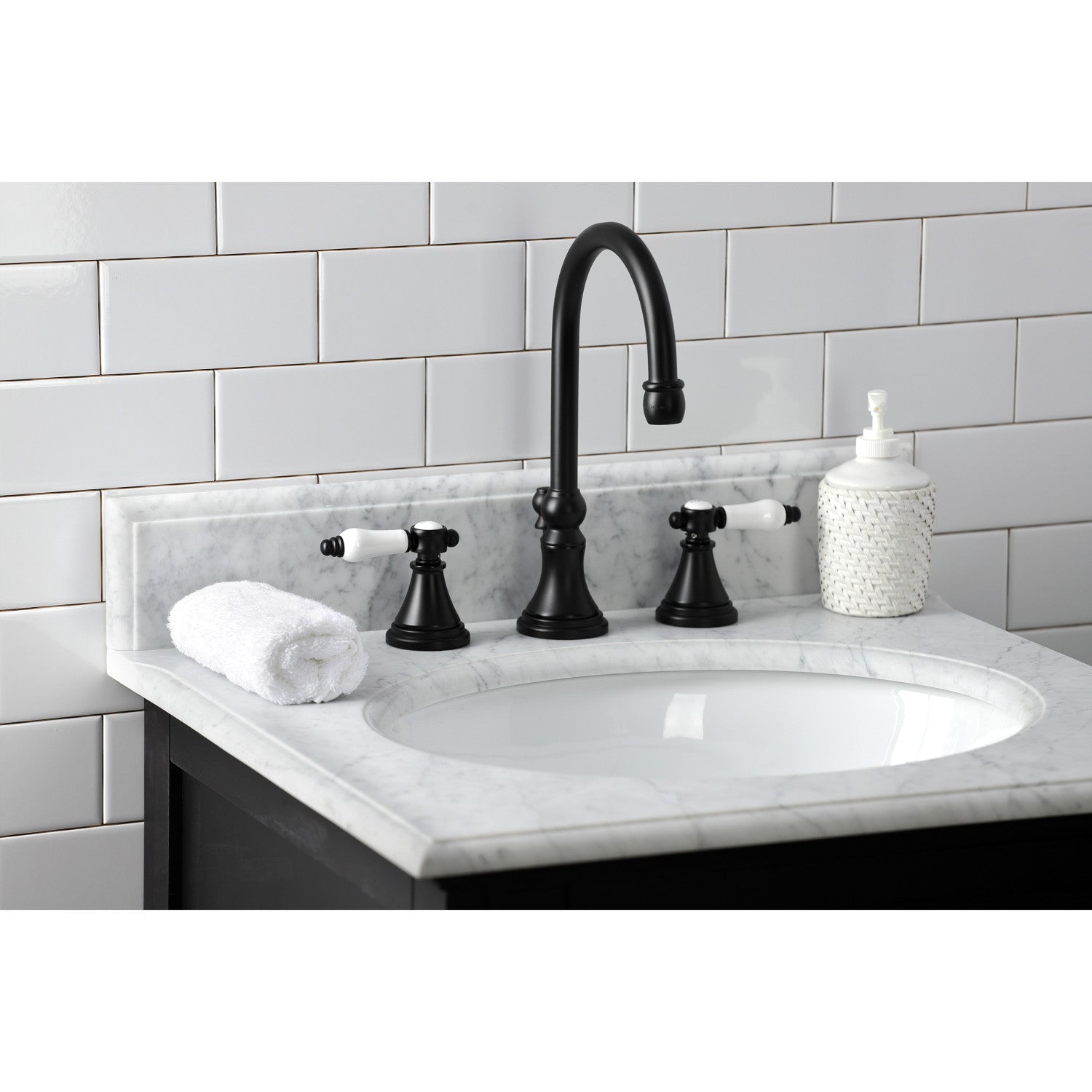 Bel Air KS2980BPL Matte Black Widespread Bathroom Faucet - 2 Handle 3 Hole Deck Mount with Brass Pop Up Drain - Perfect for Modern Bathroom Vanities & Sink Upgrades
