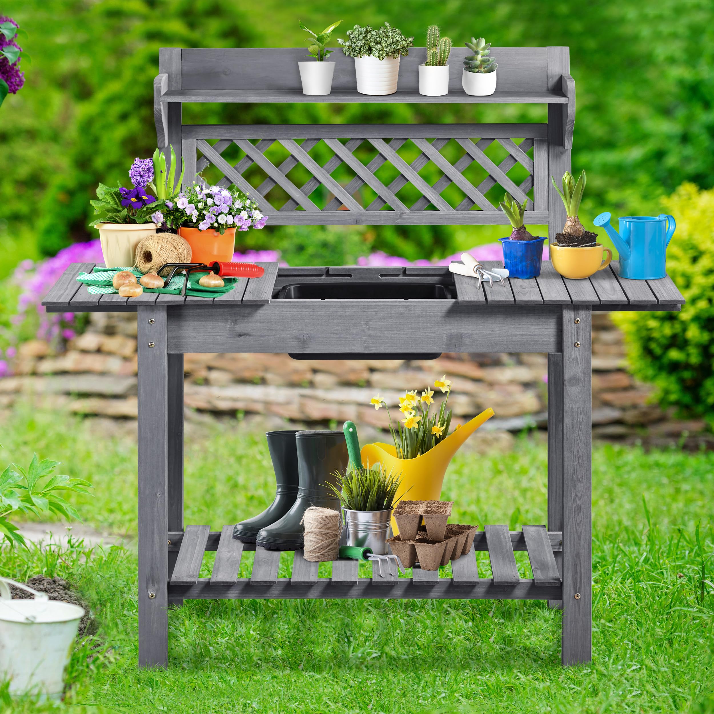 Topeakmart Wooden Potting Table with Sliding Tabletop & Removable Dry Sink - Outdoor Garden Workbench with Storage Shelves for Planting, Gardening - Perfect for Backyard, Patio, Greenhouse (Gray)