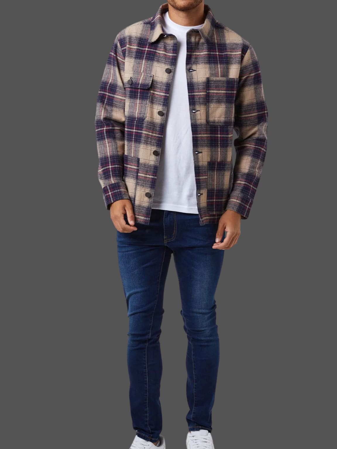 Brave Soul Men's Navy Beige Brushed Cotton Overshirt Jacket - Casual Button-Up Shirt for Layering, Outdoor & Streetwear Fashion