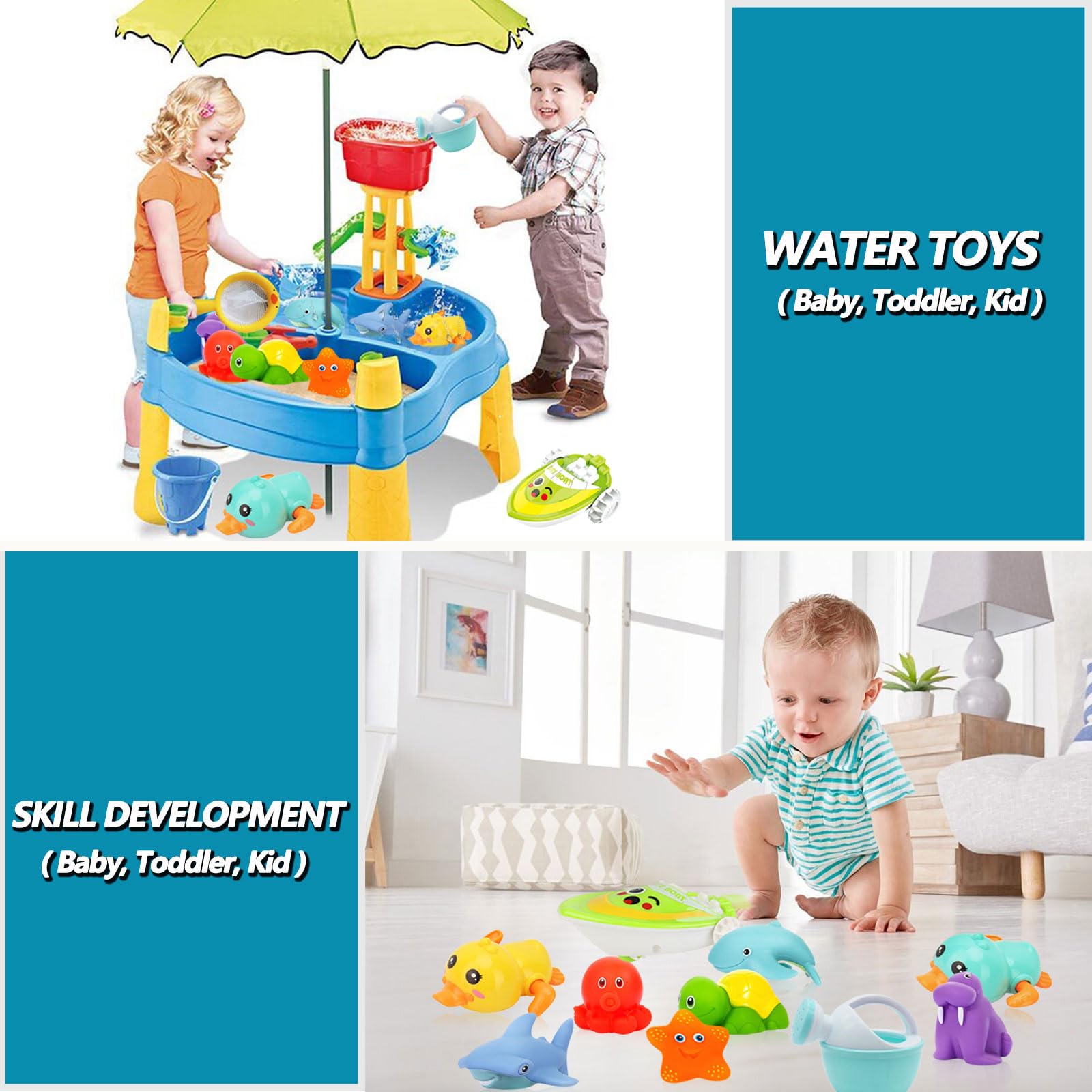 Wind-Up Swimming Ducks & Boat Bath Toys for Babies 0-12 Months - No Hole Baby Bath Toys for 1-3 Year Olds, Includes Fishing Net & Watering Can - Perfect for Bathtime, Pool Play & Early Water Play Development
