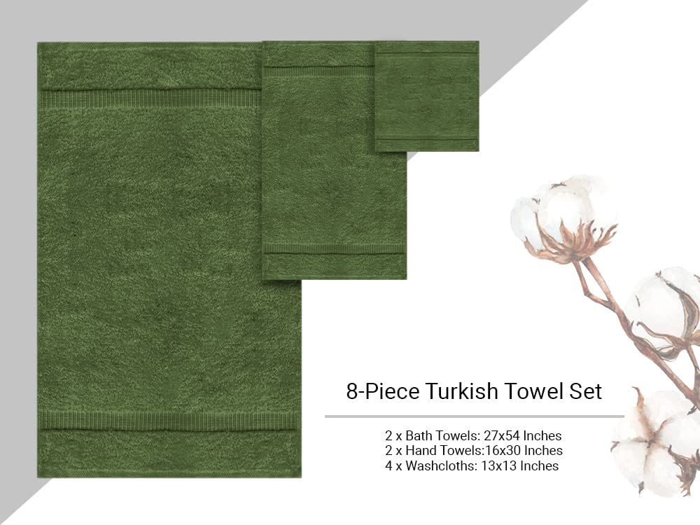 Premium Cotton Turkish Towels - Ultra Soft & Highly Absorbent 8-Piece Bath Towel Set in Moss Green | Luxury Spa, Beach & Home Use