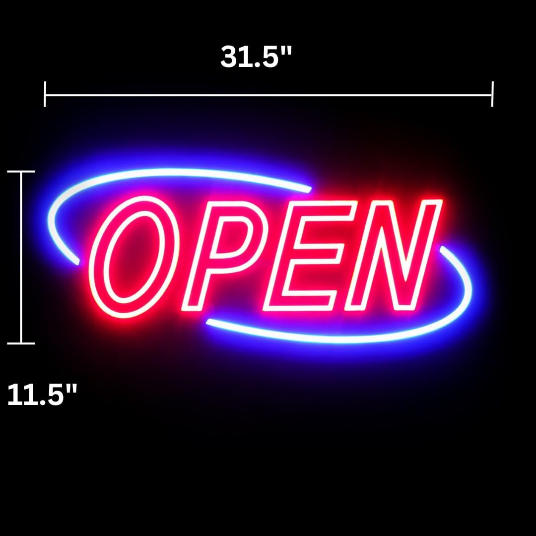 Optiva Ultra Bright LED Open Sign for Business - 32” Neon Look with 12 Animations (Blinking, Flashing), Red & Blue Lights - Perfect for Storefronts, Restaurants & Retail Shops