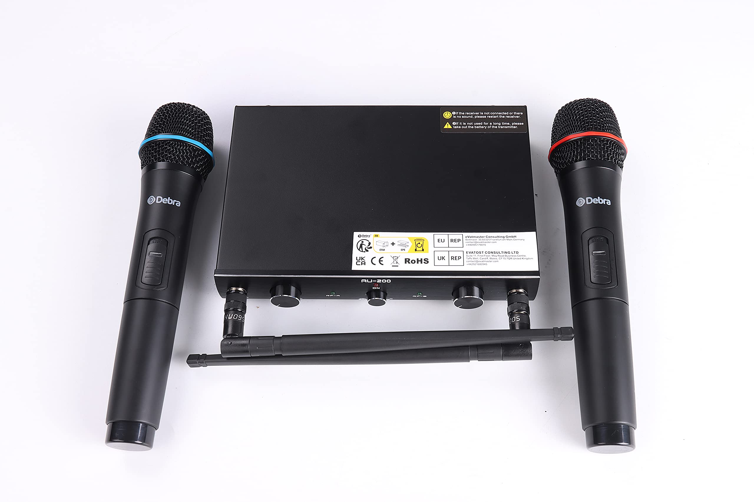 Debra Audio AU200 Pro UHF 2 Channel Wireless Microphone System - Dual Cordless Handheld & Lavalier Headset Mics with Metal Receiver - Ideal for Karaoke, Church Events, Parties & Live Performances