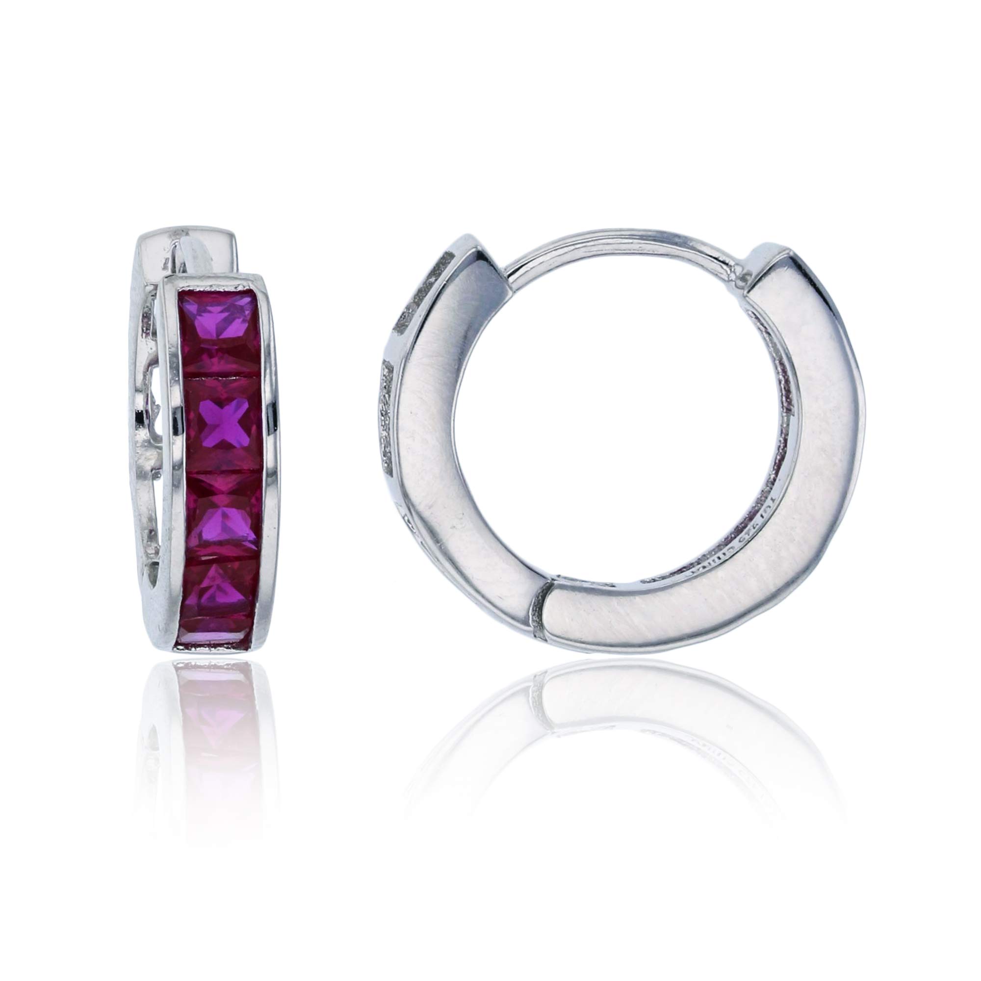 Sterling Silver Rhodium Plated Ruby Princess Cut Huggie Earrings - 15x4mm Channel Set, Dainty & Elegant Jewelry for Women - Perfect for Parties, Weddings & Everyday Wear