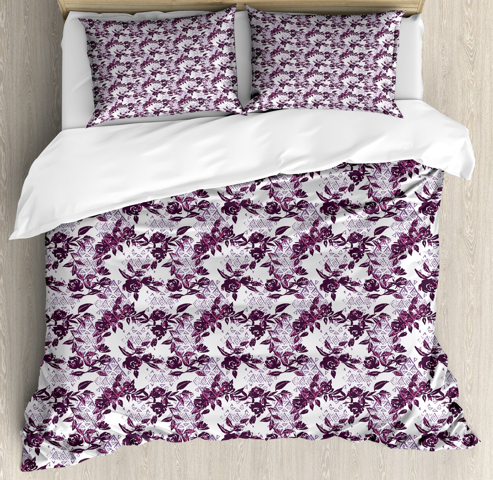 Ambesonne Vintage Rose Duvet Cover Set - Queen Size 3-Piece Bedding with Watercolor Floral & Geometric Design in Plum/Lavender | Soft Decorative Duvet Cover & 2 Pillow Shams for Bohemian & Farmhouse Bedroom Decor