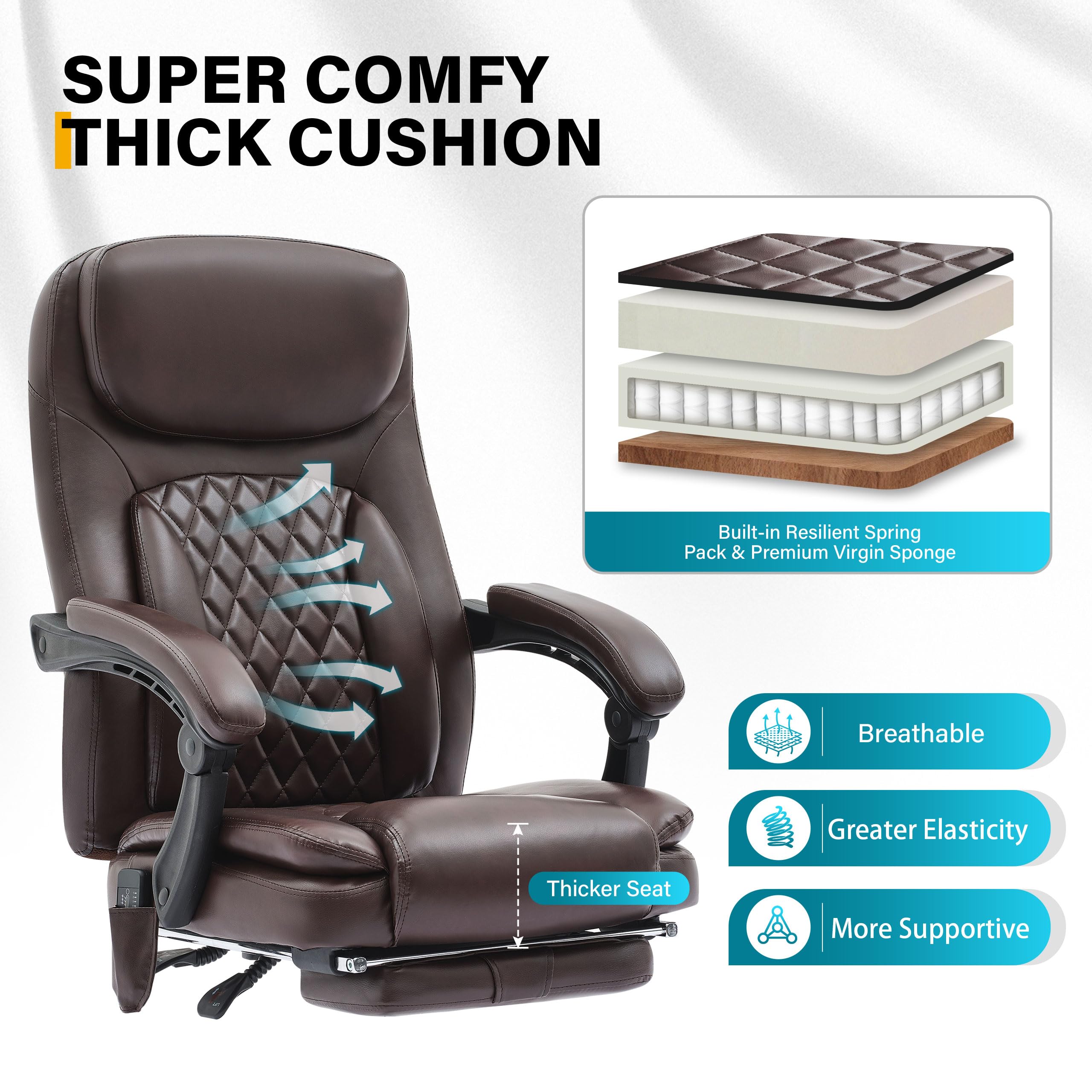 6-Point Massage Office Chair with Heating - Ergonomic Executive Chair with Footrest, 45° Recline & High Back Support - 500LBS Weight Capacity Thick Cushion Desk Chair for Home Office (Brown) - Perfect for Long Work Hours, Gaming & Relaxation