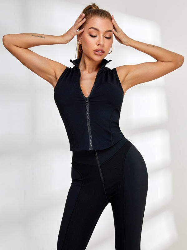 ZASUWA Women's Solid Color Stand Collar Zipper Ribbed Tracksuit Set - Casual Athletic Outfit for Gym, Running & Streetwear Fashion