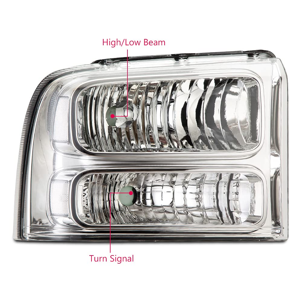 GRAND ORANGE Headlights for 2005-2007 Ford F250 F350 Super Duty - Clear Lens Chrome Housing for Off-Road & Night Driving