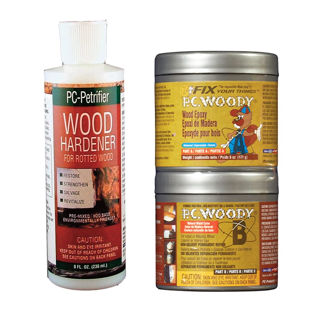 PC-Products Wood Repair Epoxy Paste & Wood Hardener Kit (6oz PC-Woody & 8oz PC-Petrifier) - Fix Furniture, Flooring & Outdoor Wood Projects