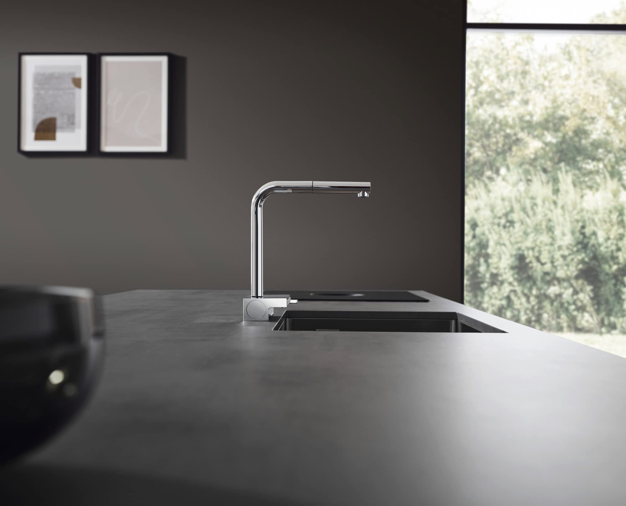 Hansgrohe Aquno Select Black Single-Handle Pull-Out Kitchen Faucet with Magnetic Docking Spray Head - Brushed Black Chrome Finish (Model 73830341) - Perfect for Modern Kitchens and Easy Dishwashing