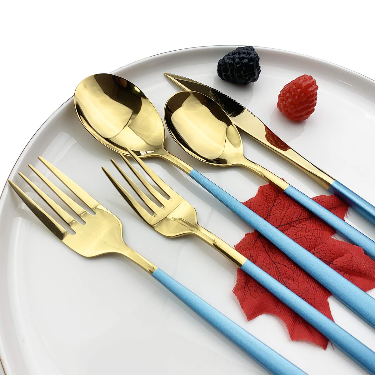 8-Piece Large Stainless Steel Dinner Spoons Set - 8-inch Elegant Table Soup Spoons for Dining, Silverware Utensils for Restaurant & Home Use, Dishwasher Safe (Blue & Gold) - Perfect for Everyday Meals, Dinner Parties & Gifts