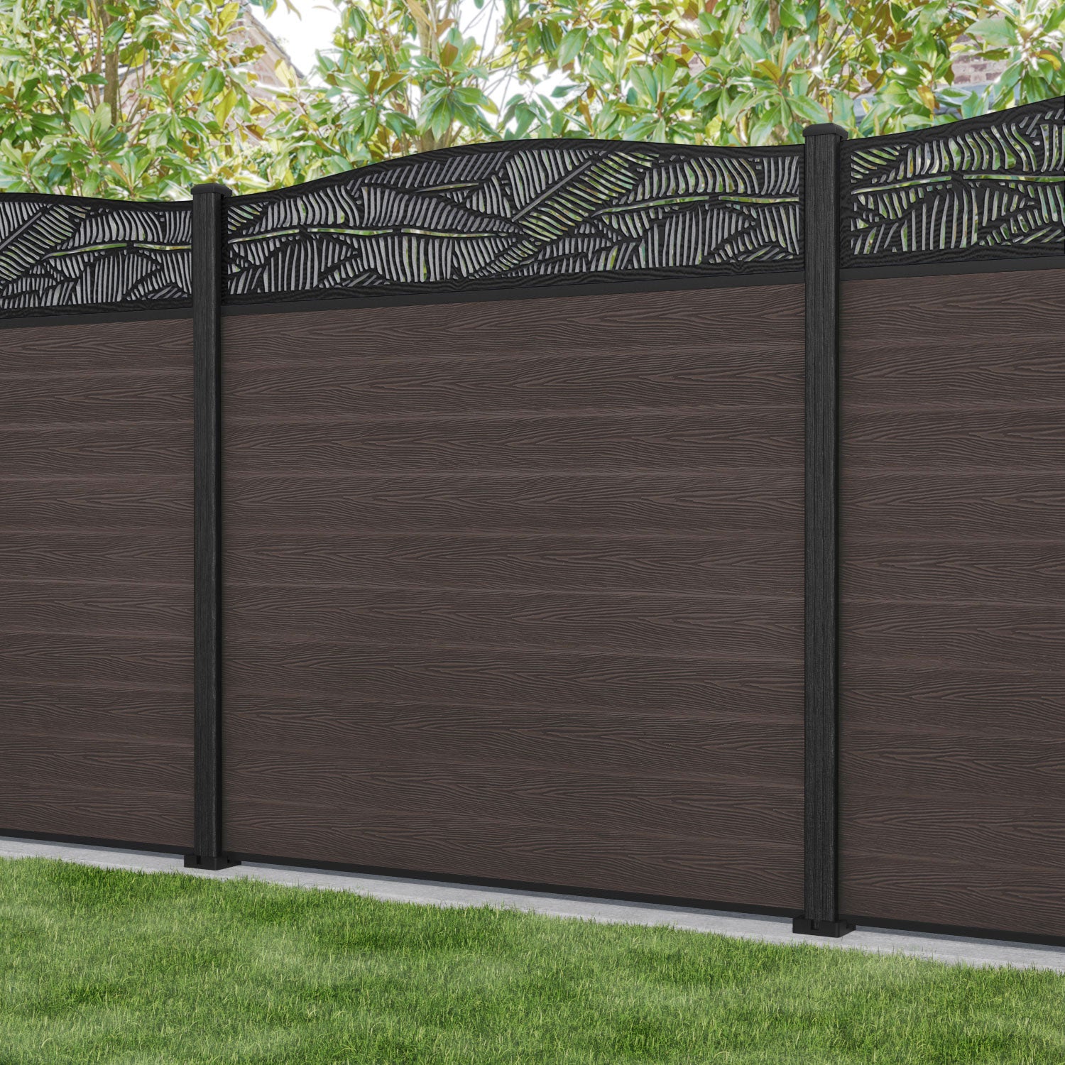 Classic Feather Curved Top Fence Panel - Mid Brown Composite Fencing with Durable Posts | Perfect for Garden, Backyard, and Privacy Landscaping