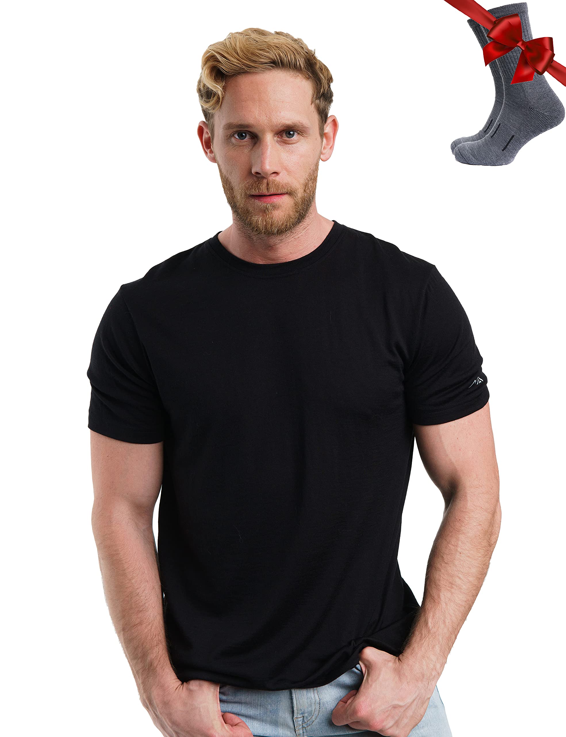 MerinoTech 100% Organic Merino Wool T-Shirt for Men - Lightweight Base Layer Undershirt & Hiking Socks Set | Perfect for Outdoor Activities, Camping, and Travel