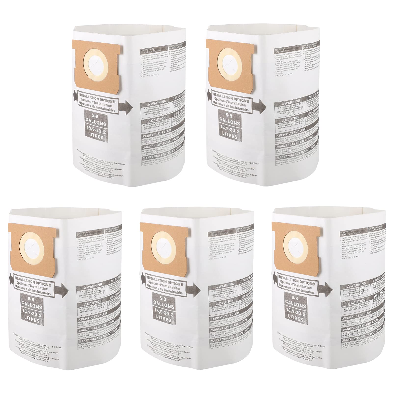 DOITOOL 5-Pack 5-8 Gallon Vacuum Cleaner Bags - Heavy Duty Non-Woven Dust Collection Bags, Replacement Filter Bags for Shop Vacs & Wet/Dry Vacuums - Ideal for Workshop, Garage, and Home Cleaning