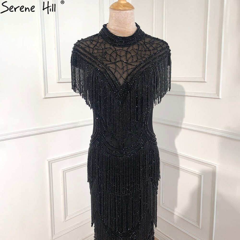 Elegant Grey Mermaid Evening Gown with Cap Sleeves & Beaded Tassel Details - Women's Luxury Party Dress for Prom, Gala & Special Occasions - Serene Hill Collection LA70529