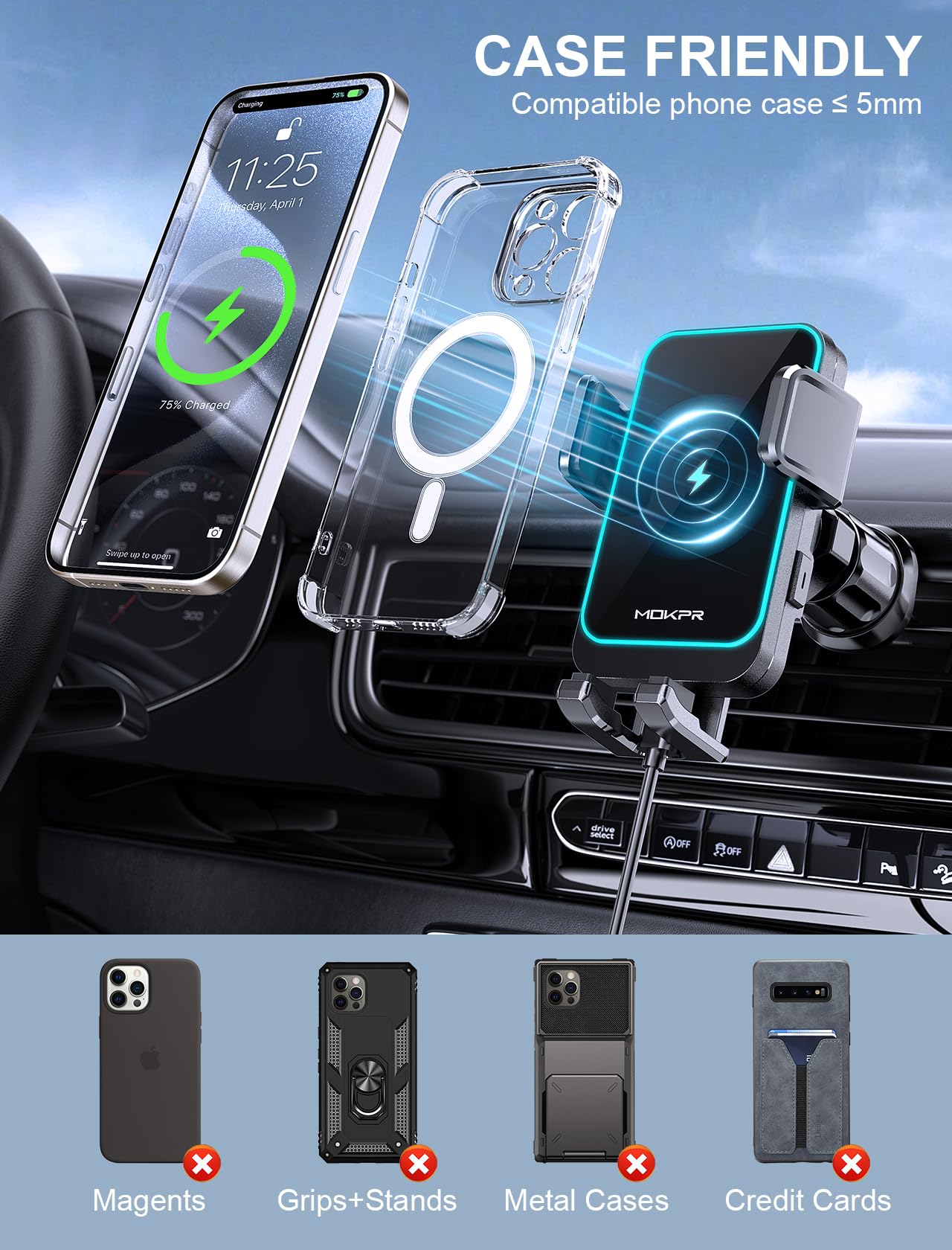 15W Fast Wireless Car Charger - Auto Clamping Dashboard & Air Vent Phone Holder with LED Light for iPhone 16/15/14/13/12 Pro Max Plus, Samsung S23/S22/S21 - Perfect for Road Trips & Daily Commutes