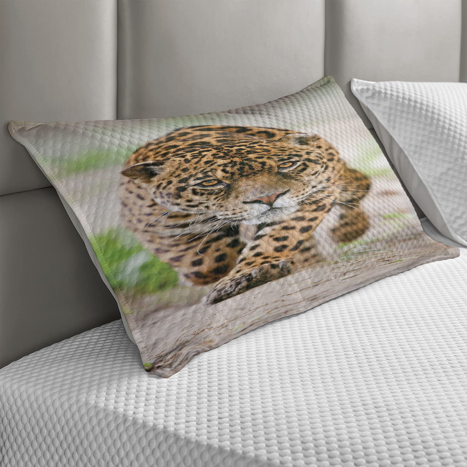 Ambesonne Leopard Quilted Pillow Cover - King Size 30x20 Inches, Yellow Beige Jungle Wildlife Design for Bedroom Decor, African Safari Theme Home Accent | Perfect for Sofa, Living Room & Bed