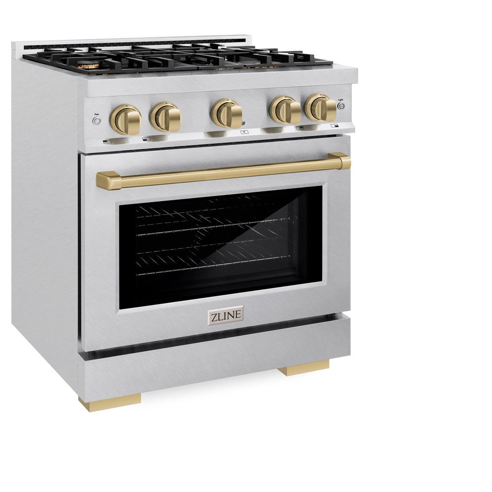 ZLINE Autograph Edition 30 Inch 4.2 Cu. Ft. Gas Range with 4 Burner Cooktop & Convection Oven - Satin Stainless Steel with Champagne Bronze Accents (HGRSZ 30 CB) | Professional Kitchen Appliance for Home Chefs & Cooking Enthusiasts