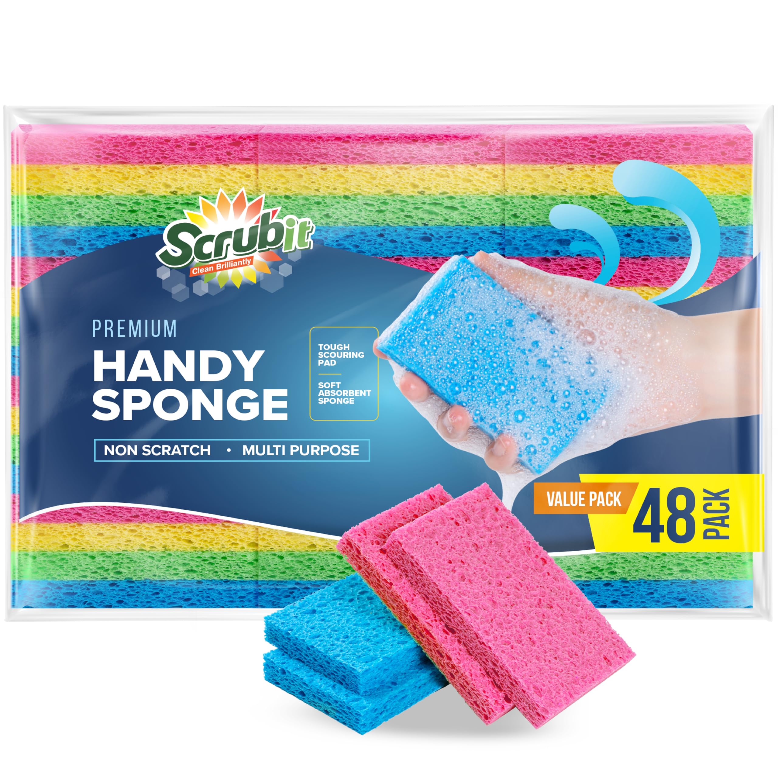SCRUBIT 48-Count Non-Scratch Dish Scrub Sponges for Kitchen Cleaning | Natural Cellulose Sponges for Dishes, Pots & Pans | Heavy-Duty Cleaning for Sinks, Countertops & Cookware