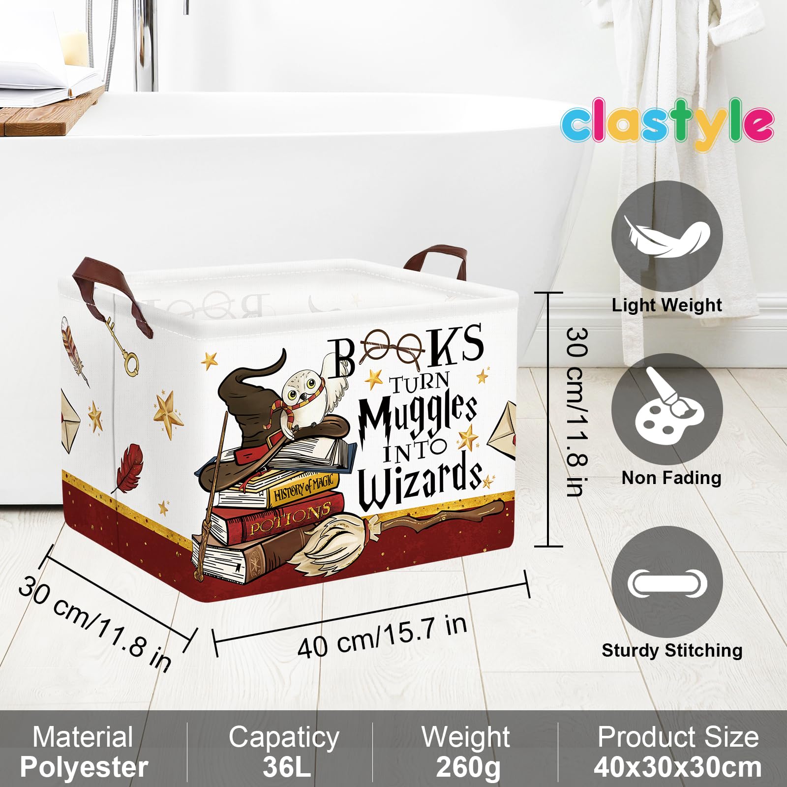 Clastyle Magic Nursery Decor - Large Brown Feather Wand Hat Basket & Broomstick Owl Gift for Kids | Collapsible Toy Bin, Book Shelf & Clothes Storage | Perfect for Baby Room Organization & Themed Birthday Parties