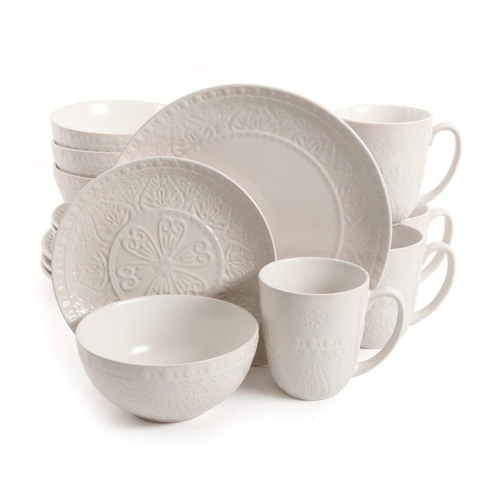 16-Piece Stoneware Dinnerware Set in Cream with Vines & Leaves Design - Microwave Safe, Dishwasher Safe - Perfect for Casual Dining, Family Gatherings & Everyday Use