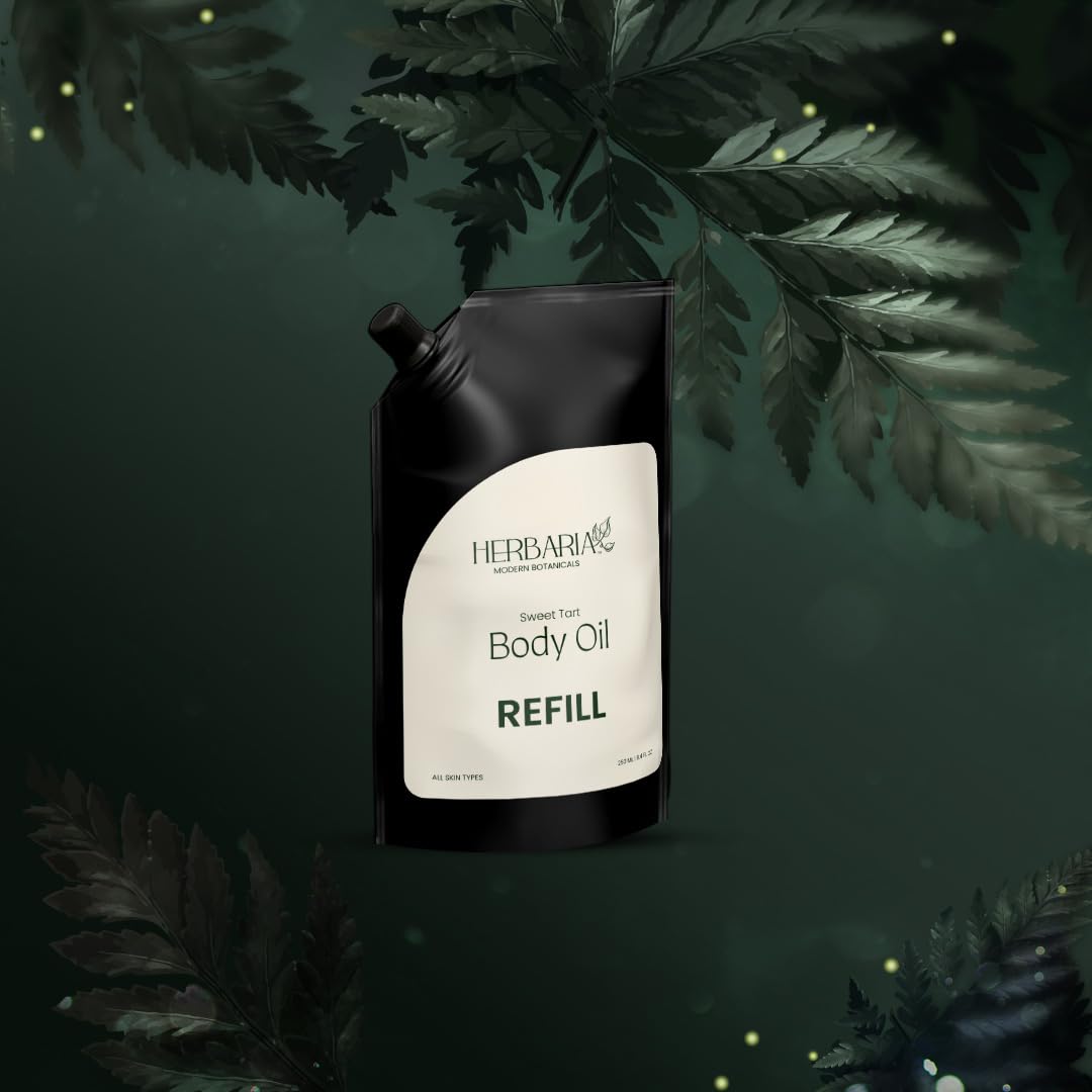 Herbaria Sweet Tart Daily Body Oil Refill Pack (200ml) - 100% Vegan with Avocado, Almond, Baobab & Rosehip Oils - All Season Moisturizer for Dry Skin | Perfect for Daily Hydration & Massage Therapy