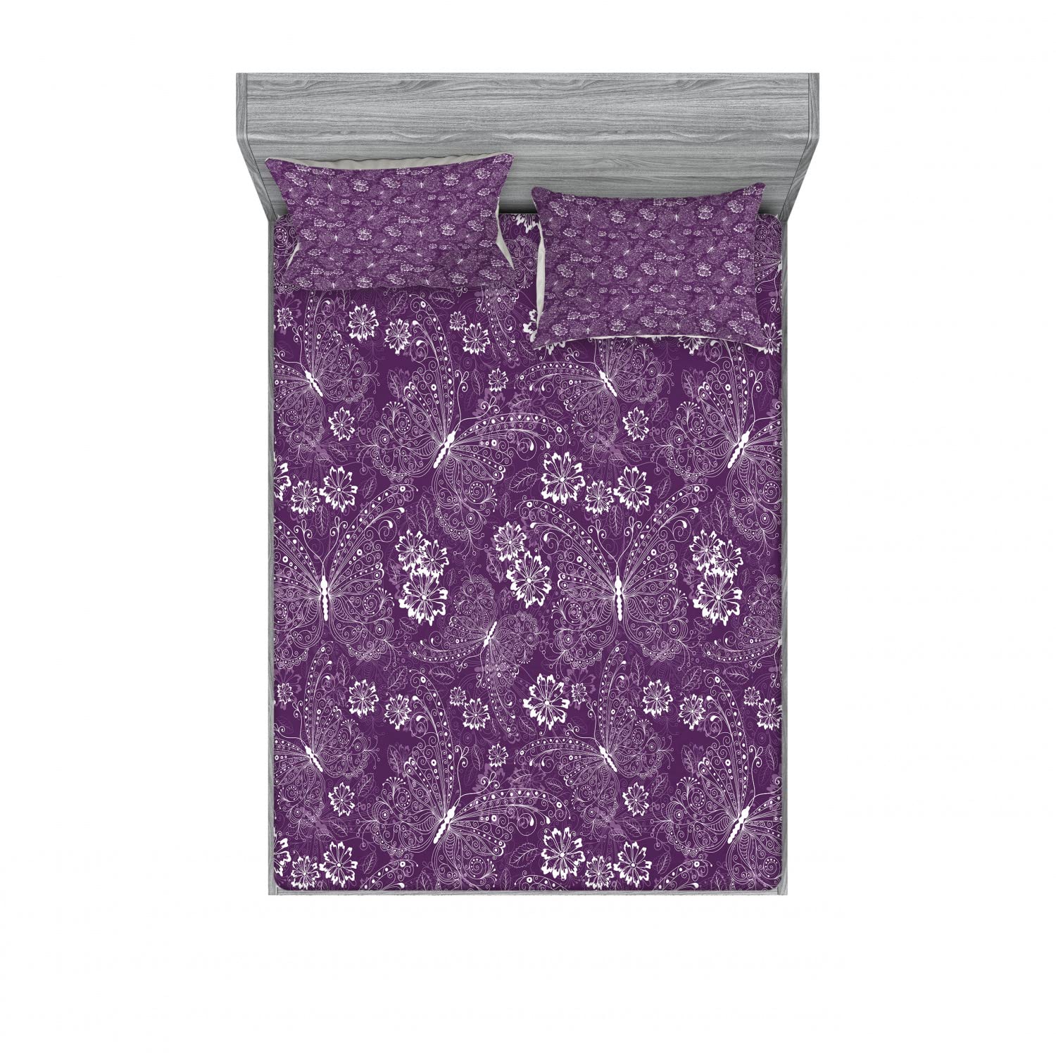 Ambesonne Vintage Floral 2-Piece Queen Fitted Sheet Set with 4 Pillow Shams - Soft Plum Blossom Print Bedding for Master Bedroom, Guest Room & Airbnb Decor - White & Plum Floral Design