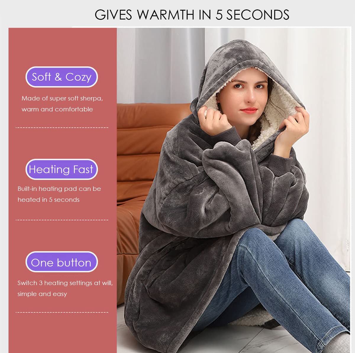Heated Wearable Blanket Hoodie for Women & Men - Oversized Sherpa Fleece with Sleeves & Giant Pocket | Warm Cozy Flannel Wearable Blanket for Lounging, Camping & Winter Comfort