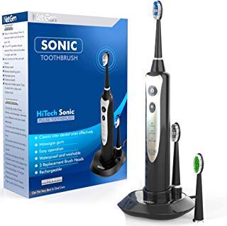Sonic Electric Toothbrush with 3 Brushing Modes & Timer - 5 Replacement Heads & Fast Wireless Charging - Black/White Travel Toothbrush for Home, Office & Vacation Use