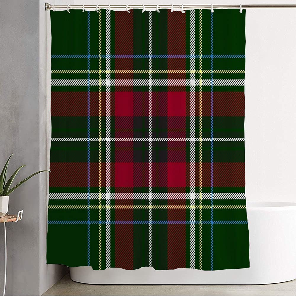 Waterproof Shower Curtain Set with Hooks 72×78 inches - Blue Tartan Plaid Pattern in Green, Red, Gray & White Geometric Celtic Design - Perfect for Bathroom Decor, Irish Theme Homes & Waterproof Shower Protection