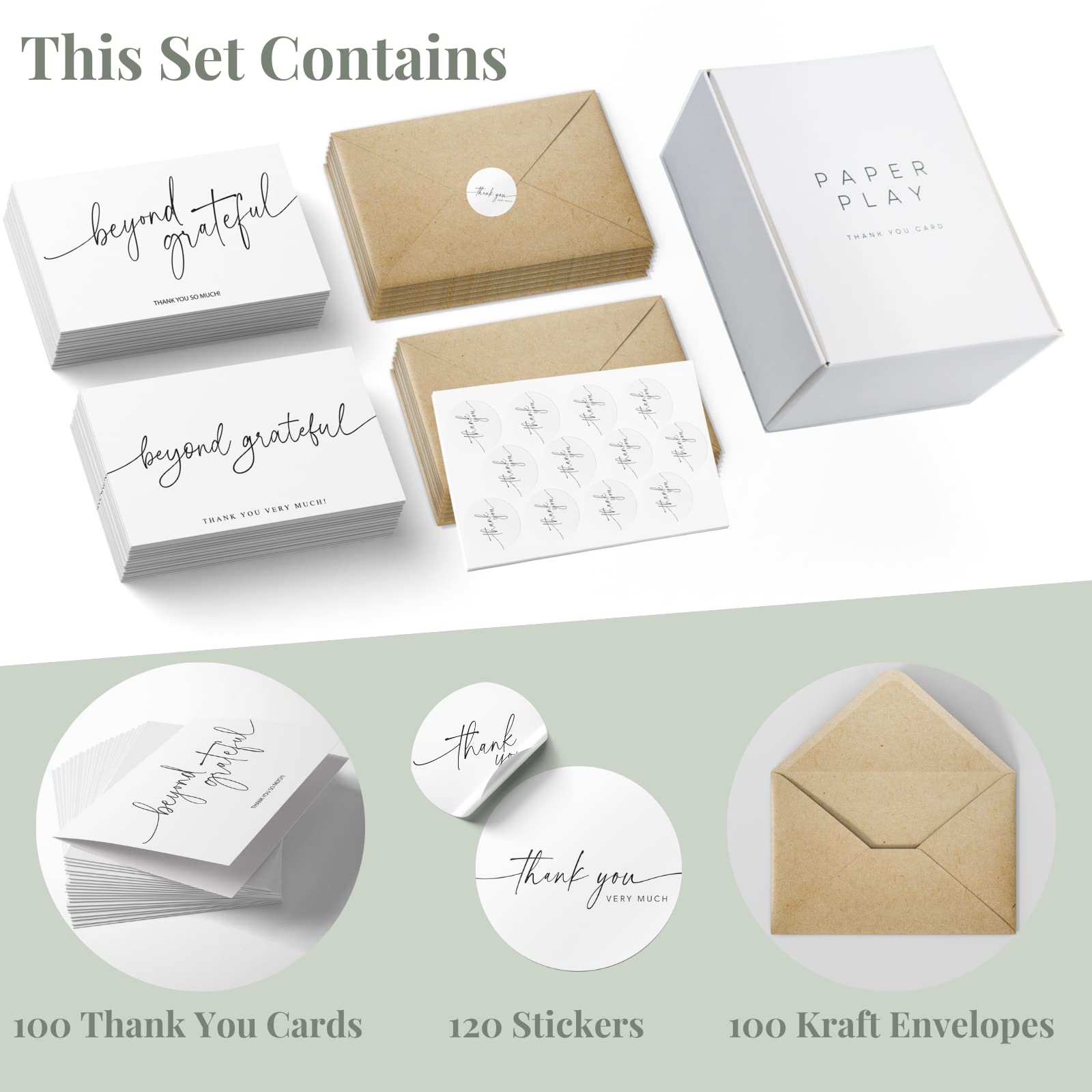100 Pack Thank You Cards with Kraft Envelopes & Stickers - 4x6 Inch Minimalist Greeting Cards for Business, Baby Shower, Wedding, Graduation - Perfect for Expressing Gratitude in Professional & Personal Occasions