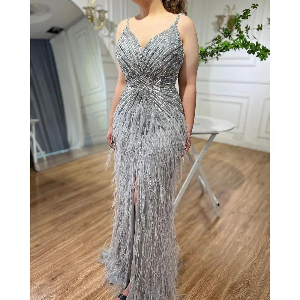Elegant Arabic Black Feather Beaded Mermaid Evening Gown with High Slit - LA70623 | Formal Dress for Prom, Gala & Special Occasions