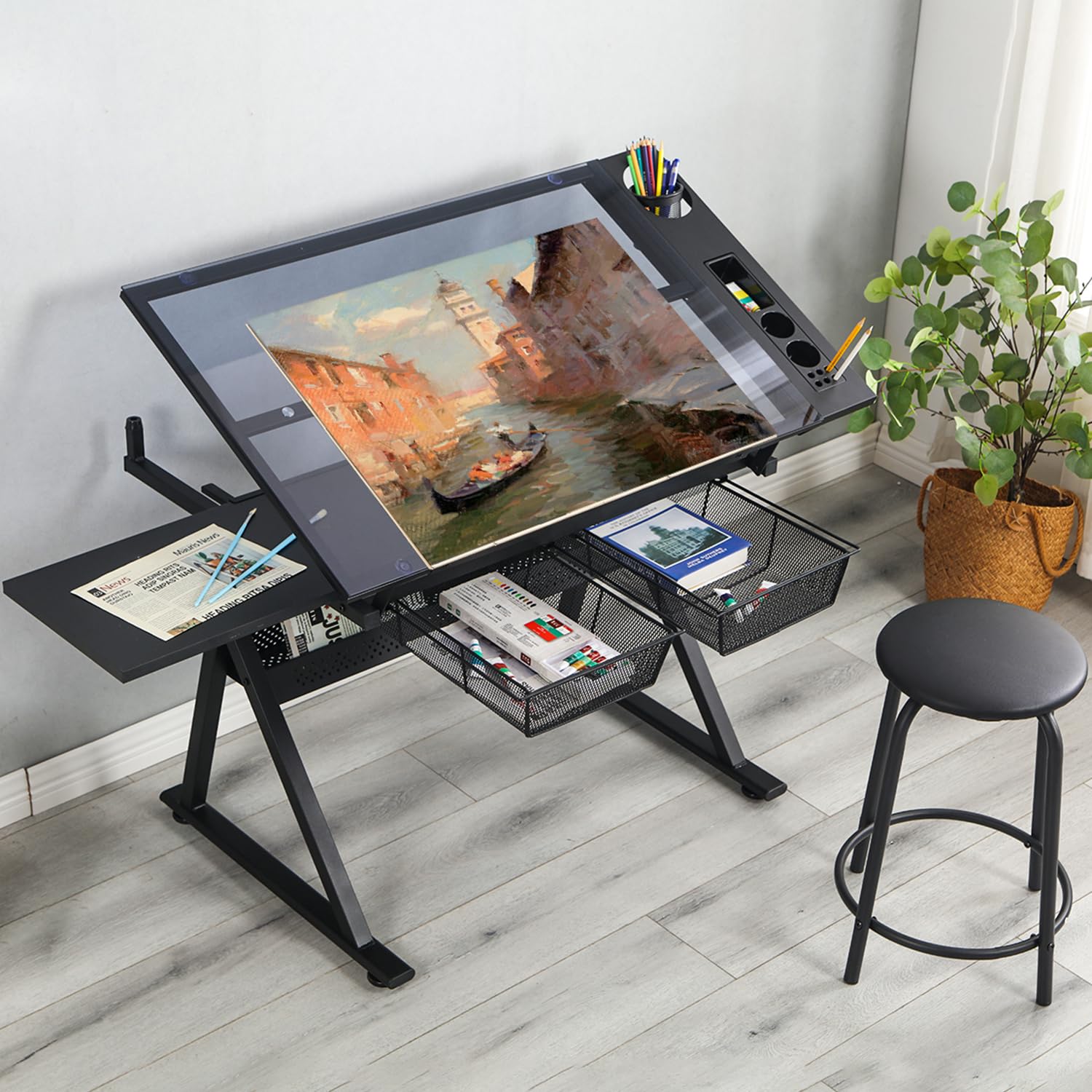 LifeSky Adjustable Drafting Table for Artists & Designers - Professional Drawing Desk with Storage Drawers & Glass Surface - Perfect for Painting, Sketching & Illustration Work - Ideal Home & Studio Art Furniture for Painters, Illustrators & Cartoonists