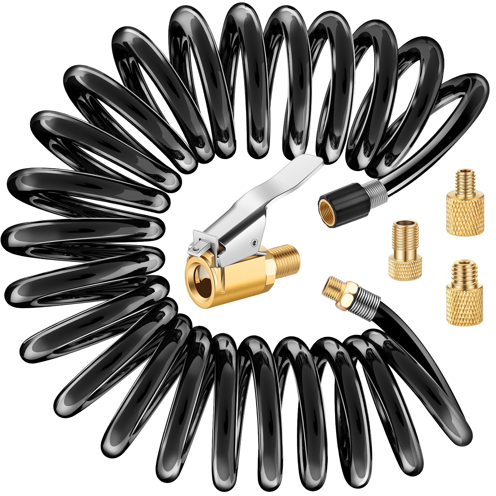 9.8 FT Extension Recoil Air Hose Adapter with Clip-On Air Chuck - Presta Valve Adapter & Flexible PU Hose for Air Compressor Attachments - Tire Inflator Pump Air Hose Nozzle for Car, Motorcycle, Bicycle - Perfect for Home Garage, Auto Repair Shops and Roadside Emergencies