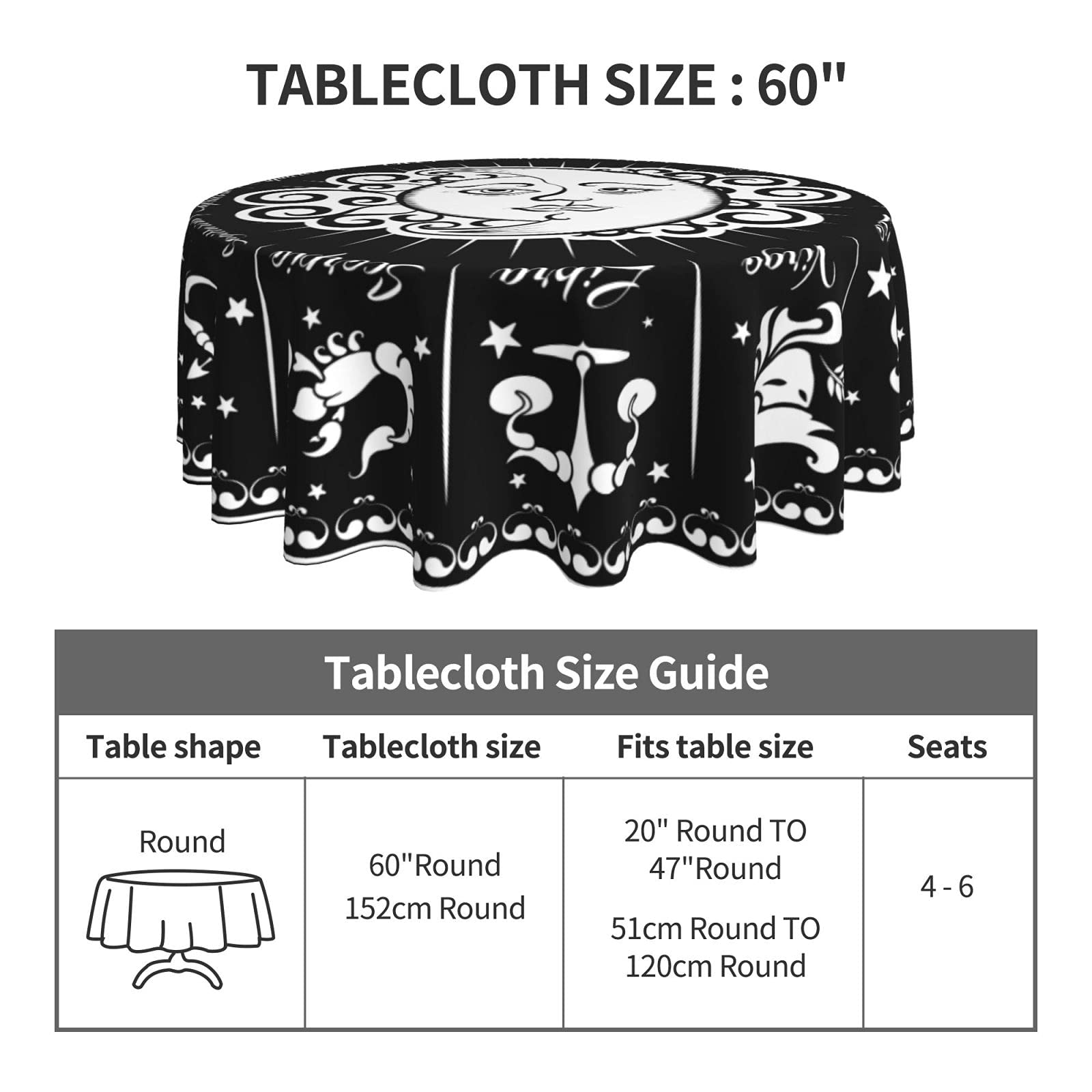 FREEHOTU Zodiac Sign Sun and Moon Round Tablecloth - Thickened Washable 60 Inch Table Cover for Kitchen, Dining, Party Decor | Perfect for Daily Use, Holiday Gatherings & Home Decoration