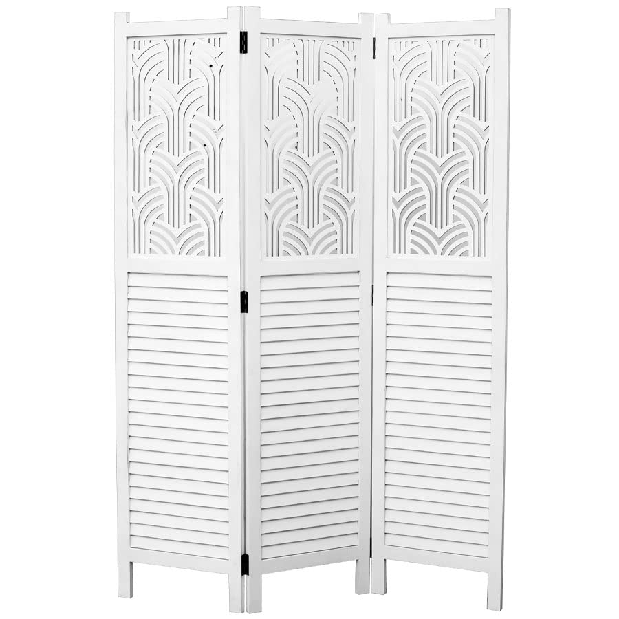 Legacy Decor 3-Panel Rustic Wood Room Divider with Decorative Cutout - White | Privacy Screen for Bedroom, Living Room & Office