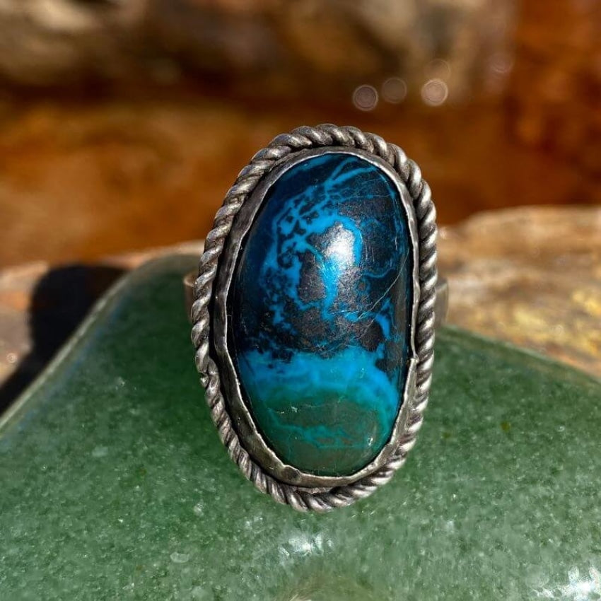 Stunning Chrysocolla Sterling Silver Ring Size 7 - Natural Black Blue Green Gemstone Jewelry for Women, Perfect for Gifts, Weddings & Boho Fashion